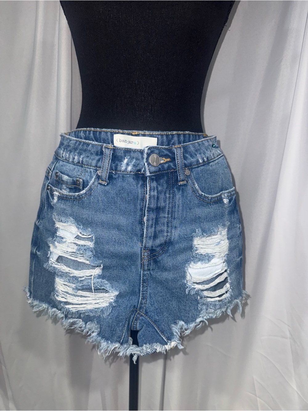 Distressed Mid-Rise Blue Denim Cutoff Shorts